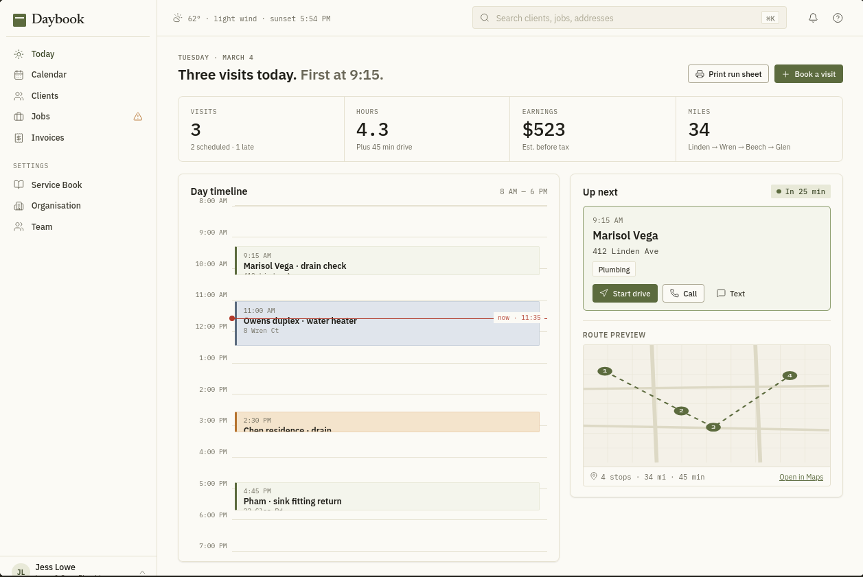 Daybook — day view showing scheduled visits, route preview, and earnings summary